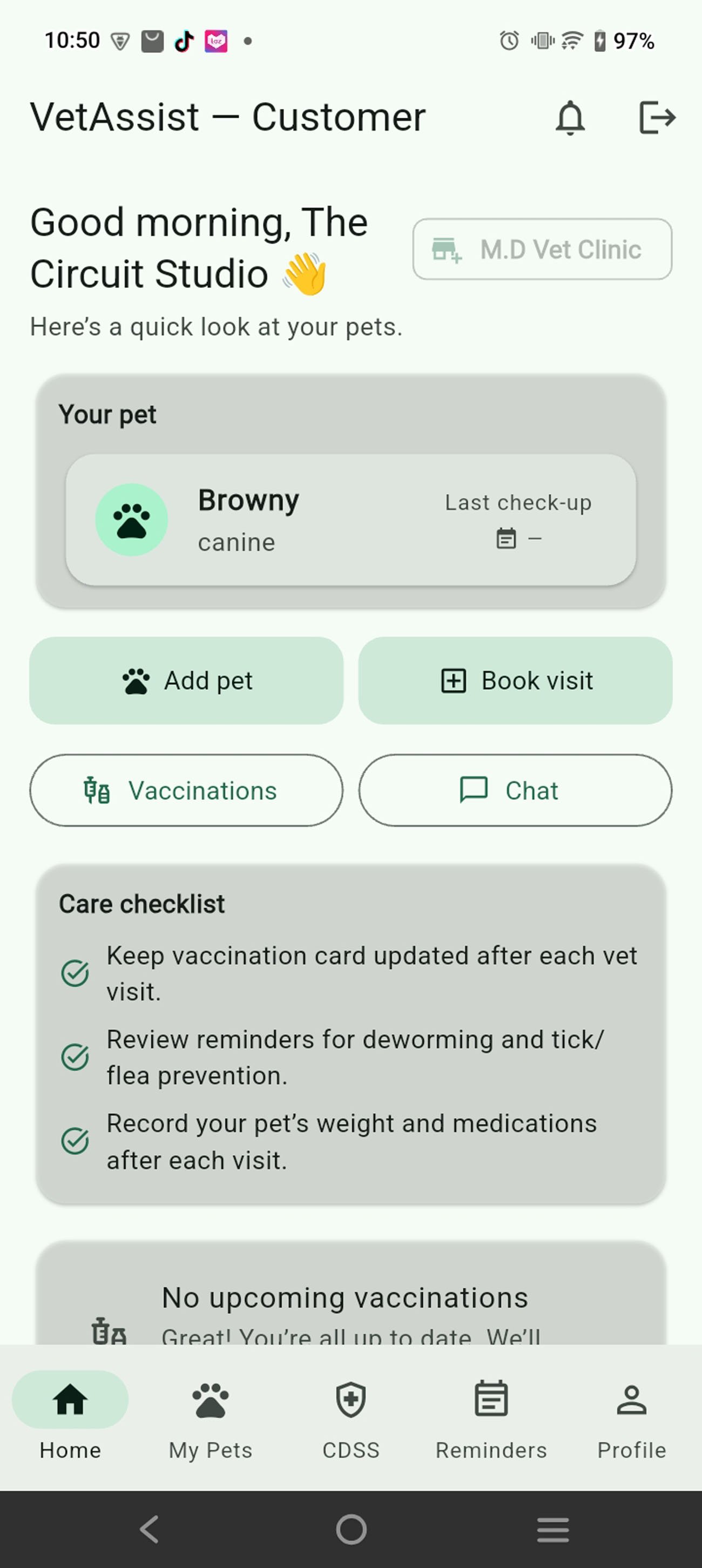 VetAssist Clinic Selection Screenshot
